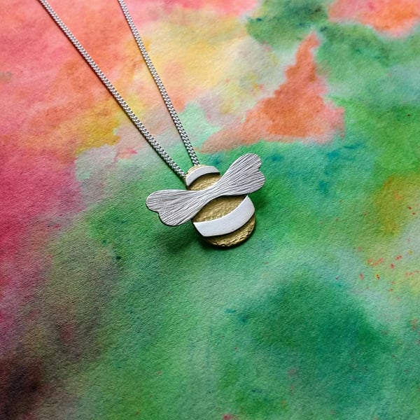 Bumble Bee Pendant, Brass, Silver Stripes & Aero-Wings, Sterling Silver Chain