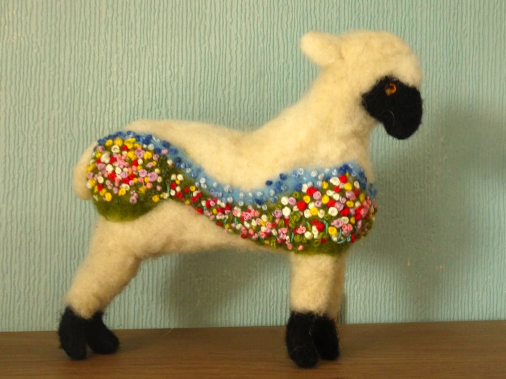 Handmade needle felted and embroidered 'Flower meadow' sheep wire sculpture