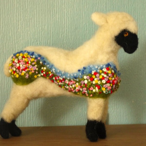 Handmade needle felted and embroidered 'Flower meadow' sheep wire sculpture
