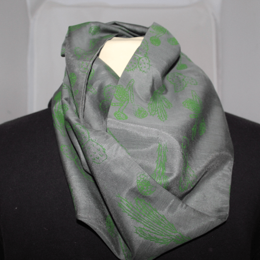  Grey & green cactus hand print infinity scarf,soft cotton blend scarf,Eco gift.