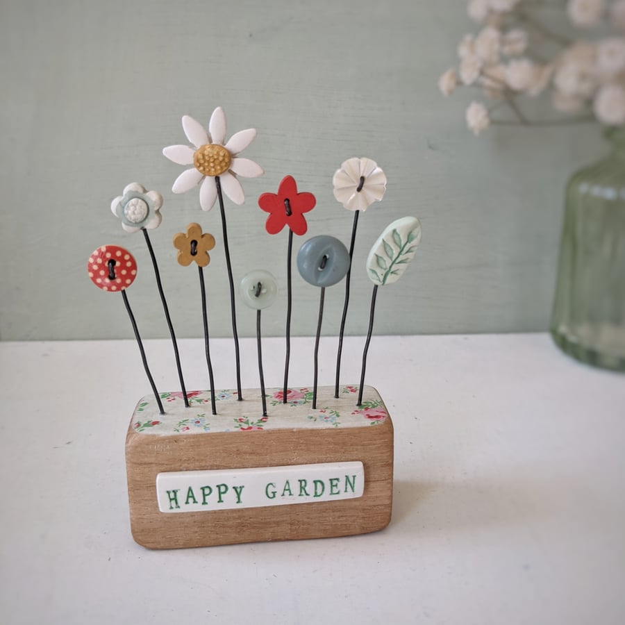 Clay and Button Flower Garden in a Wood Block 'Happy Garden'