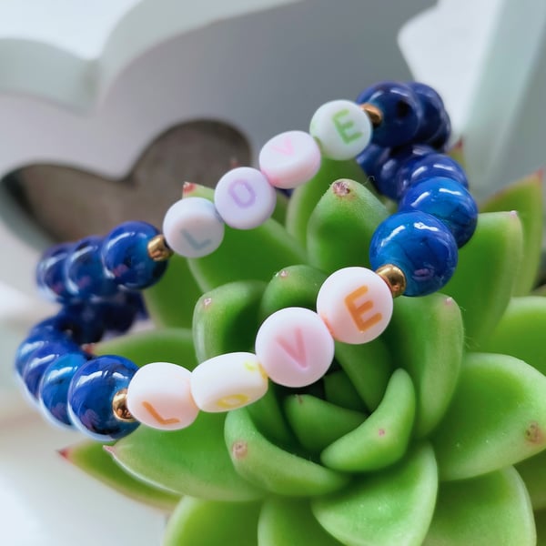 Marbled Blue Beaded Bracelet with Love