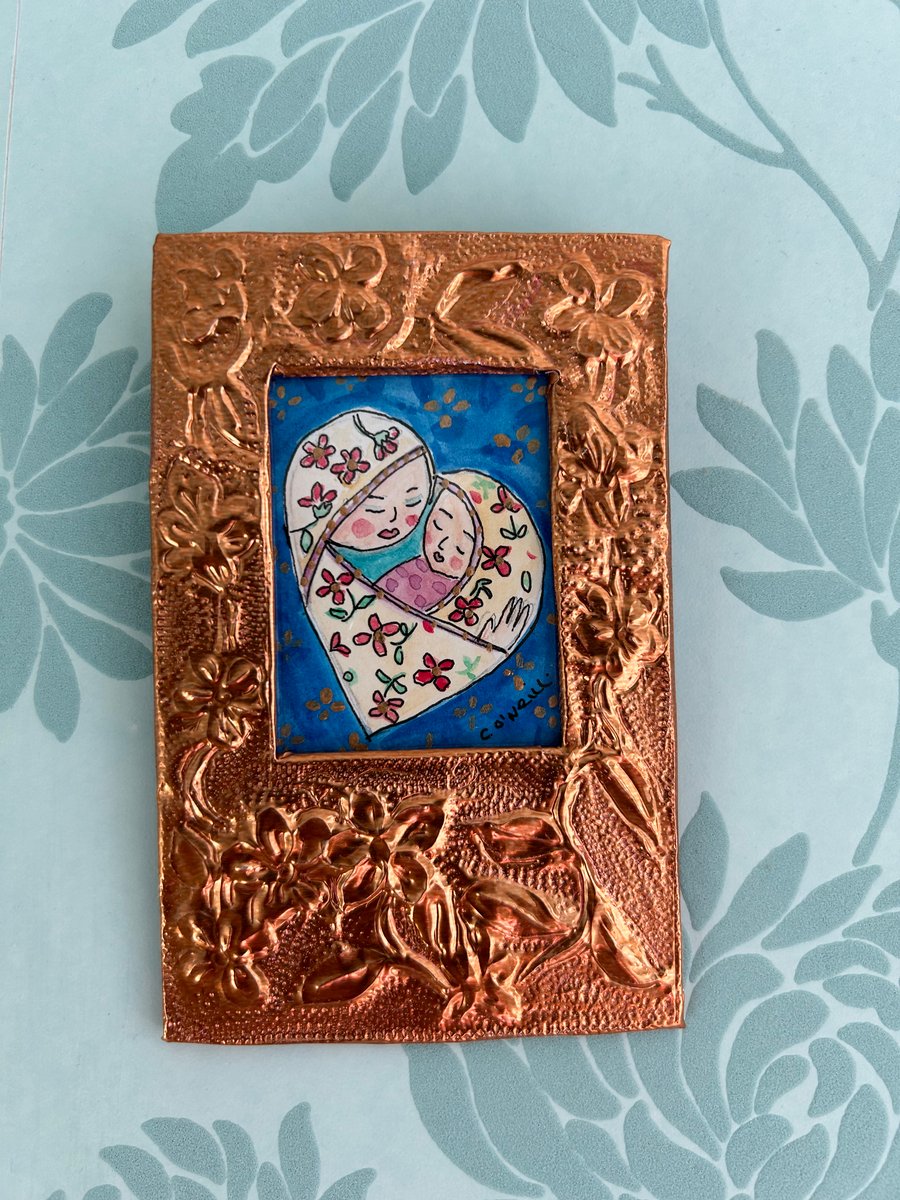 Mother and Child - Small watercolour and ink drawing in Hand embossed frame. 