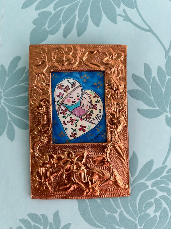 Mother and Child - Small watercolour and ink drawing in Hand embossed frame. 