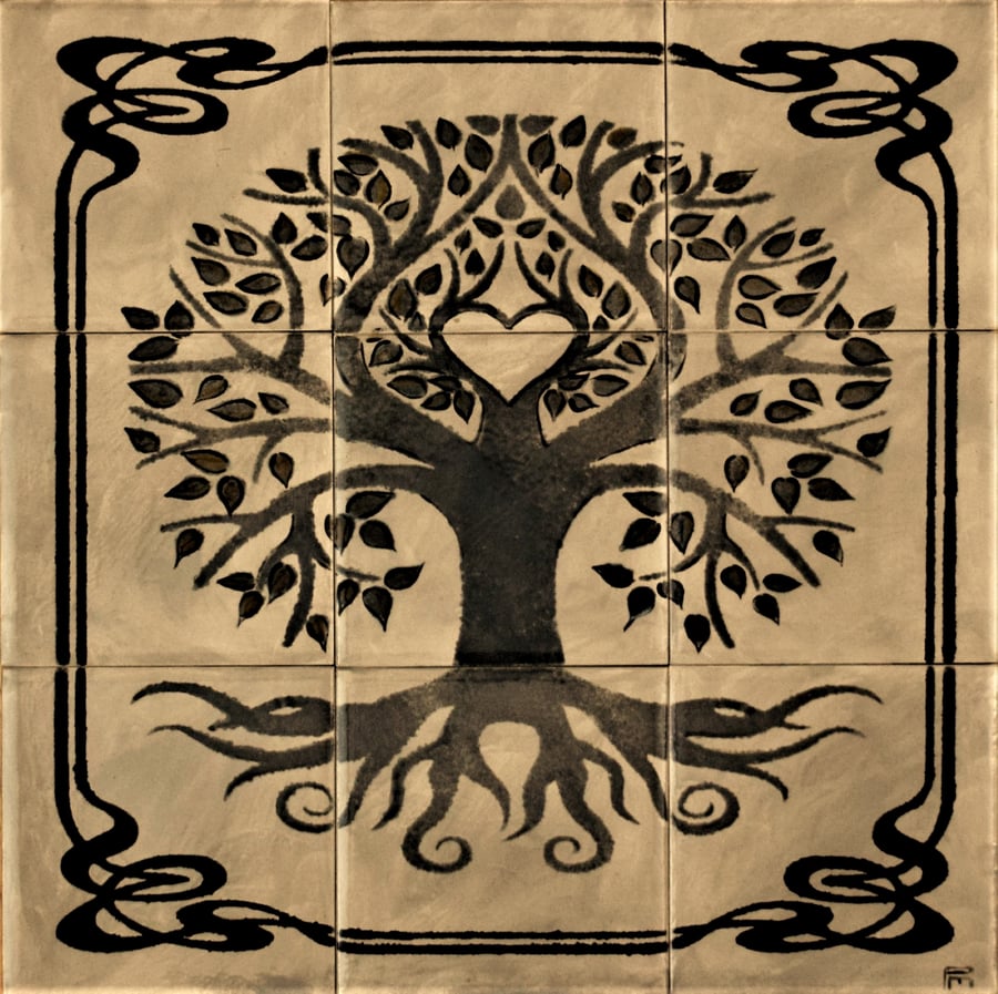 Handmade Ceramic Tile Splashback with Tree of Life in Grey