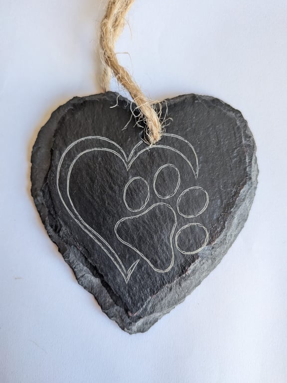 Slate Heart with Laser Etched Paw Print in Heart