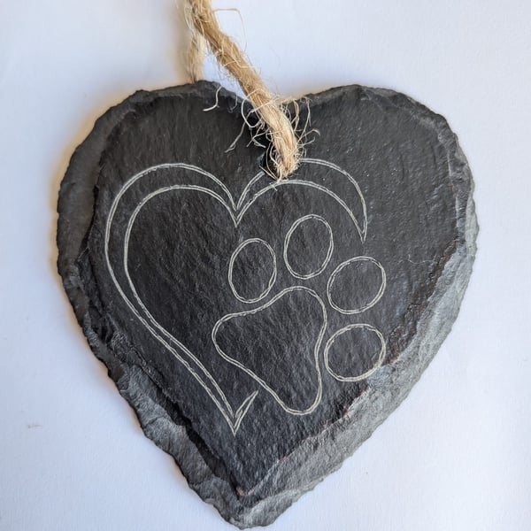 Slate Heart with Laser Etched Paw Print in Heart