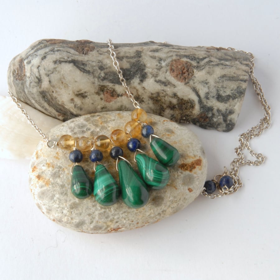 Malachite, lapis, citrine and sterling silver necklace