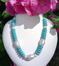 Chunky Turquoise Howlite & XL White Shell Pearl Barrel Beaded Statement Necklace