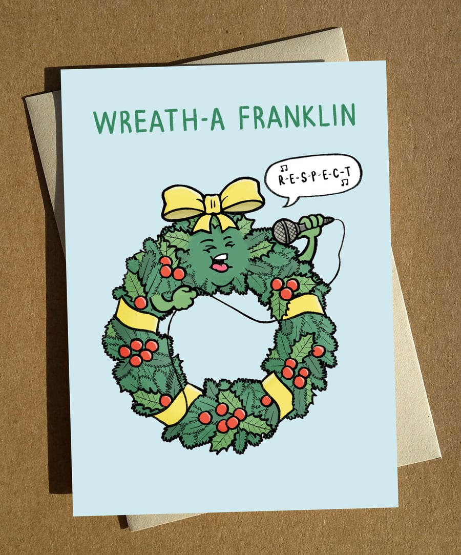 Aretha Franklin Cartoon Pun Christmas Card A6 - Funny Music Humour Xmas Card