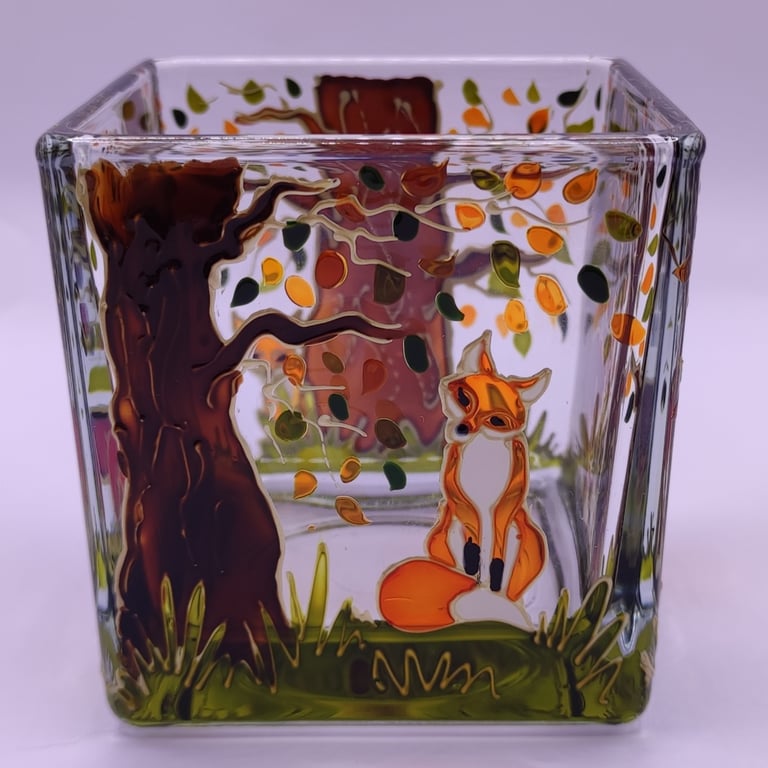 Hand painted glass candle holder, a skulk of foxes in the woods 