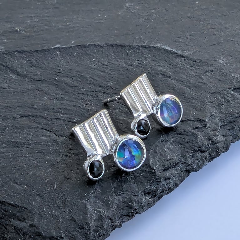 Sterling Silver Opal & Onyx Stud Earrings, Handmade Urban Design Jewellery