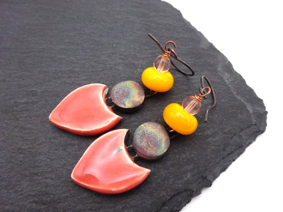 copper earrings, orange and yellow ceramic jewellery