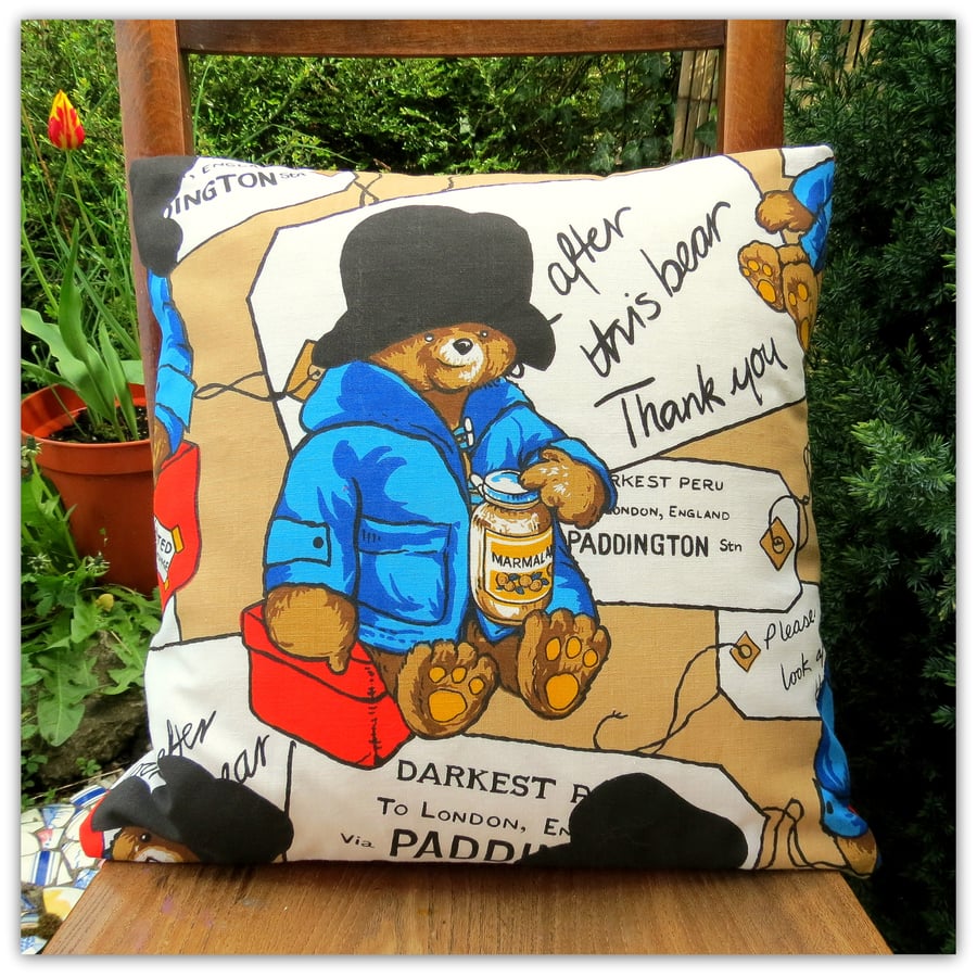 Paddington Bear,  a 38cm x 38cm cushion with feather pad.  1970s fabric.