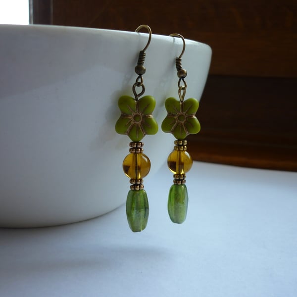 SHADES OF GREEN, AMBER AND BRONZE, FLOWER DANGLE EARRINGS.