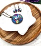 Strawberry Thief bird pink floral Liberty fabric button pendant and earrings - Image 1
