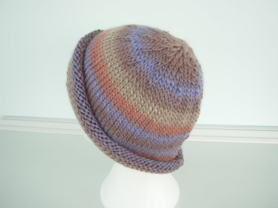 Hand Knitted Adults Stripey Hat Mauve Peach Taupe and Cream