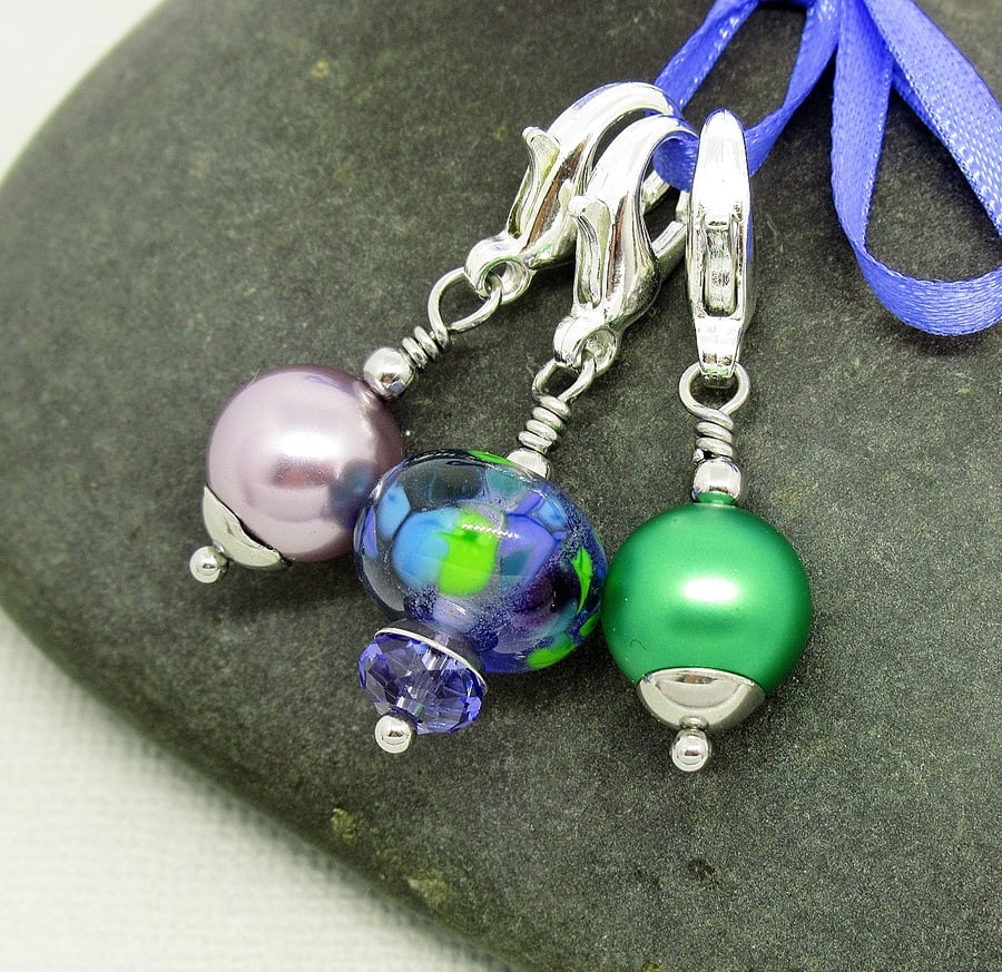 Purple and Green Set Of Glass Bead Stich Markers for Crochet and Knitting 