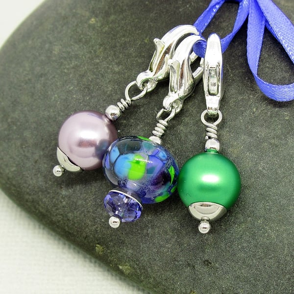 Purple and Green Set Of Glass Bead Stich Markers for Crochet and Knitting 