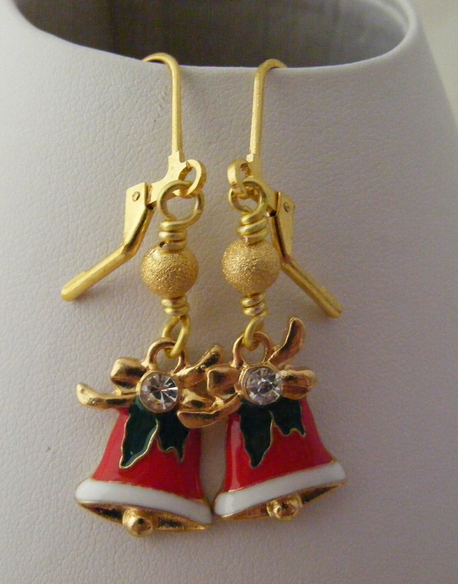 Czech Enamel Christmas Bell Earrings