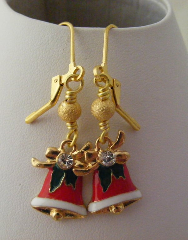 Czech Enamel Christmas Bell Earrings