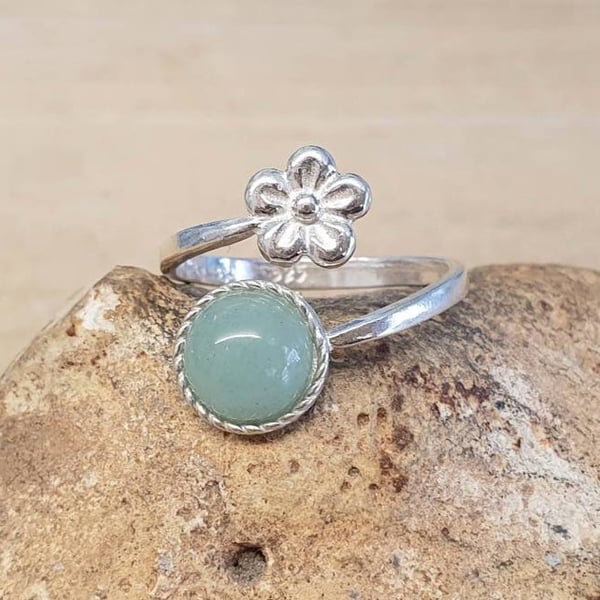 Green Aventurine Flower Ring. Adjustable 925 sterling silver rings for women
