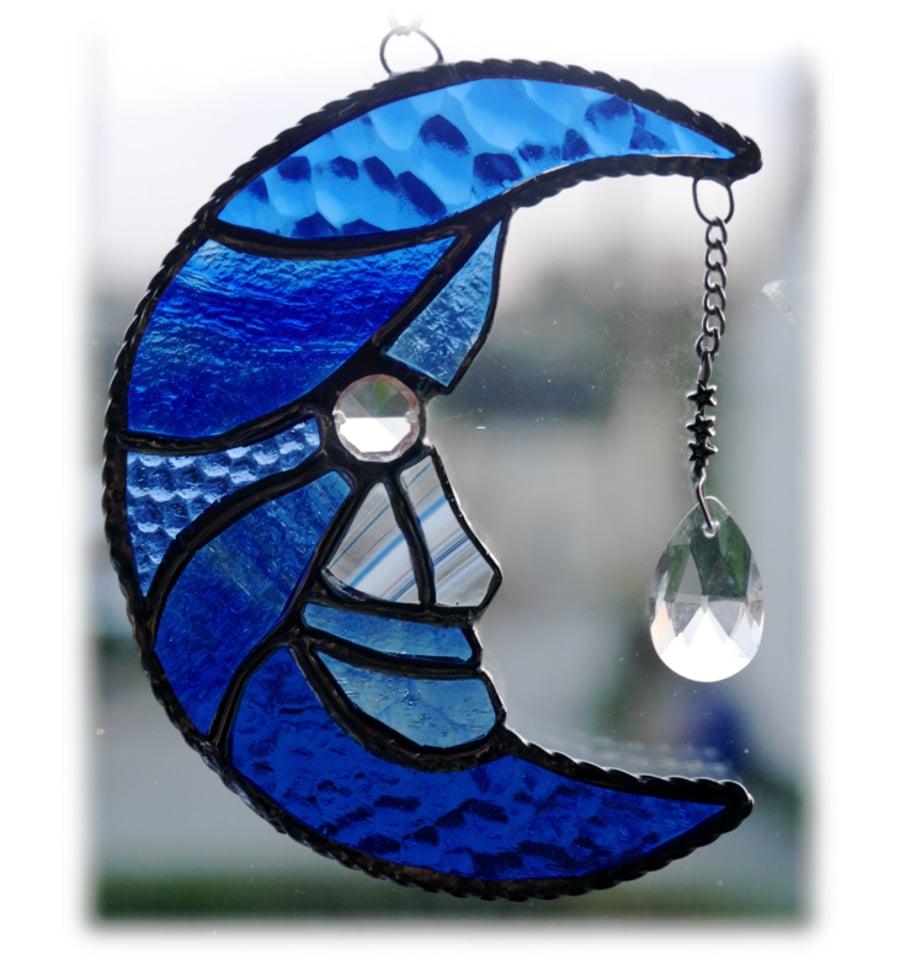 Moon Star and Moonbeam Suncatcher Stained Glass Blue 