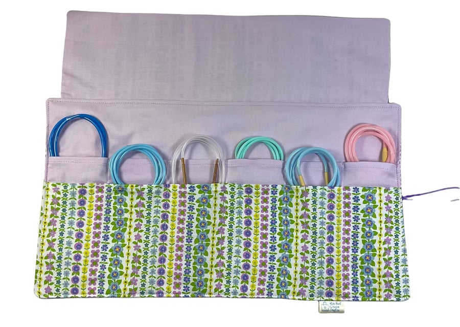 Circular needle case made from Liberty floral fabric, fixed circular sock needle