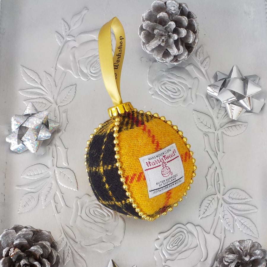 Harris tweed bauble Christmas tree decoration yellow and black Macleod tartan