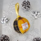 Harris tweed bauble Christmas tree decoration yellow and black Macleod tartan