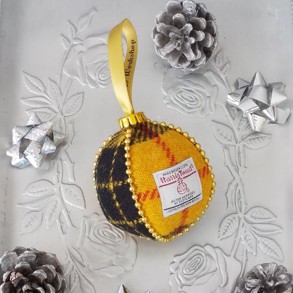 Harris tweed bauble Christmas tree decoration yellow and black Macleod tartan