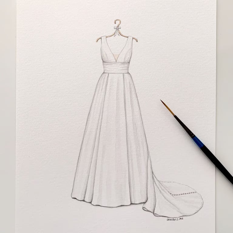 Custom hand drawn original wedding dress watercolour drawing