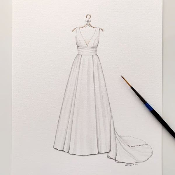 Custom hand drawn original wedding dress watercolour drawing
