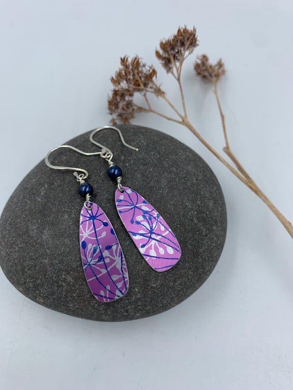 Pink Cow Parsley aluminium drop earrings with blue bead