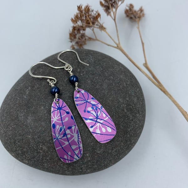Pink Cow Parsley aluminium drop earrings with blue bead