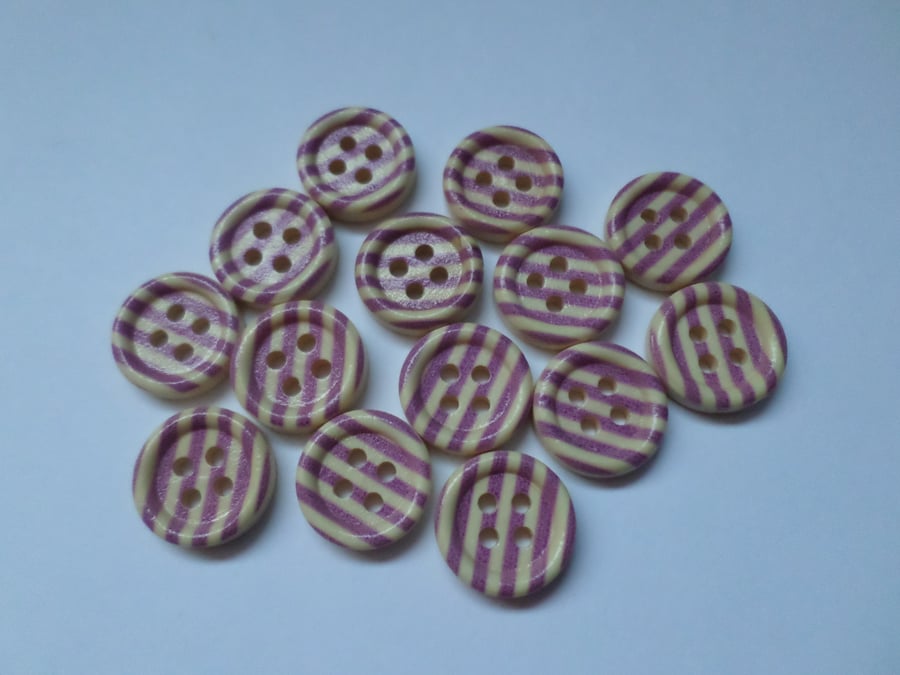 15 x 4-Hole Printed Wooden Buttons - Round - 15mm - Stripes - Purple 