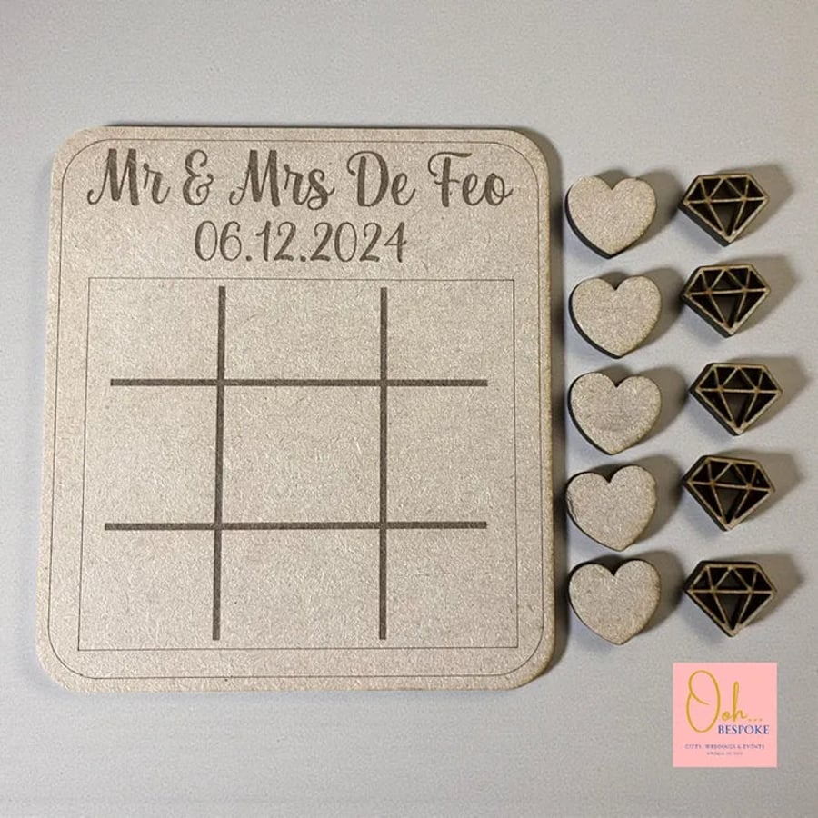 Image of Personalised Wooden Wedding Noughts & Crosses - Laser Engraved Table Game