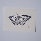 Butterfly Handprinted Original Block Print in Dark Blue