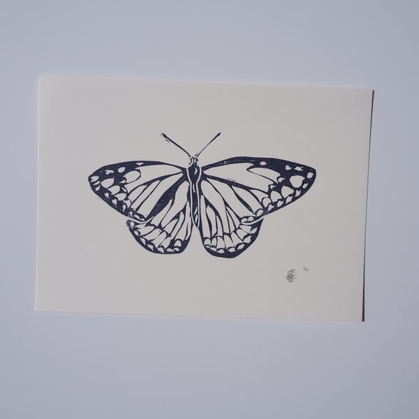 Butterfly Handprinted Original Block Print in Dark Blue