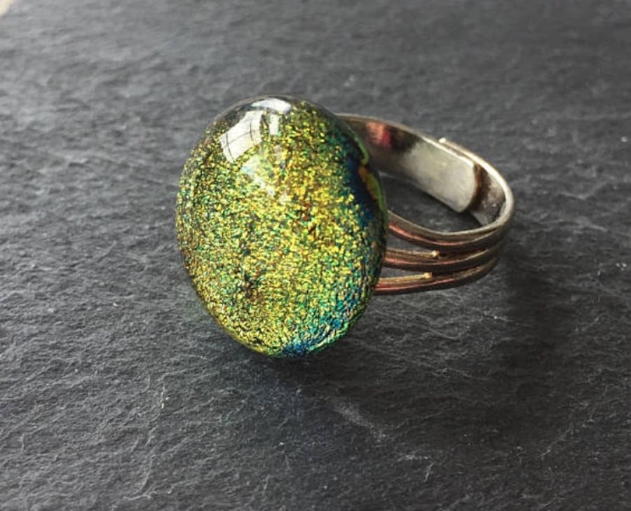 Gold sparkly ring, dichroic fused glass - adjustable
