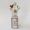 Clay Flower and Button Garden in a Wood Block 'enjoy the little things'