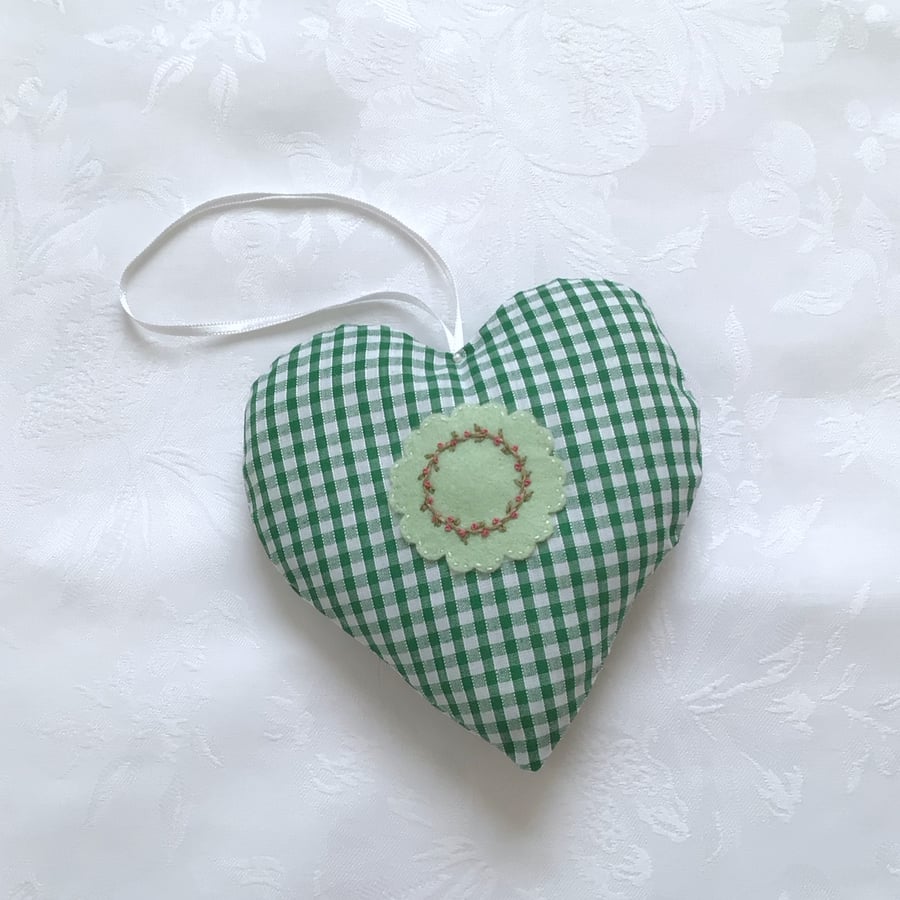 Fabric heart, green, gingham, hanging decoration, home decor, hand embroidered, 