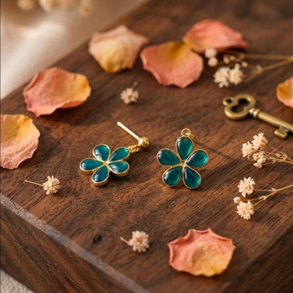 Handmade Teal Floral Drop Earrings