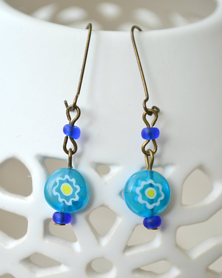 Sale 50% off! Cute Blue Millefiori Earrings