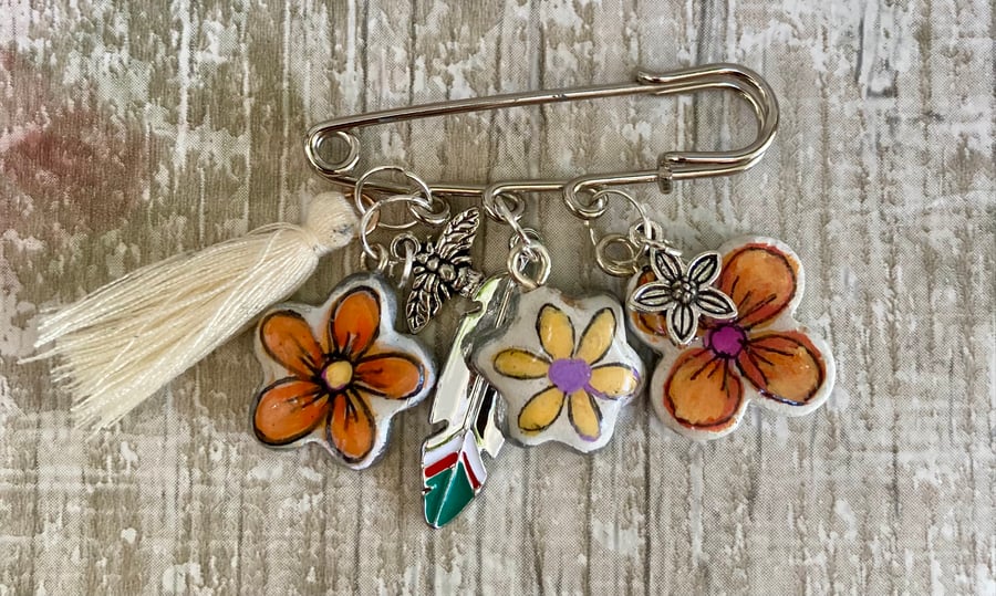 Orange Tones Boho Floral Clay Charm Kilt Pin Brooch