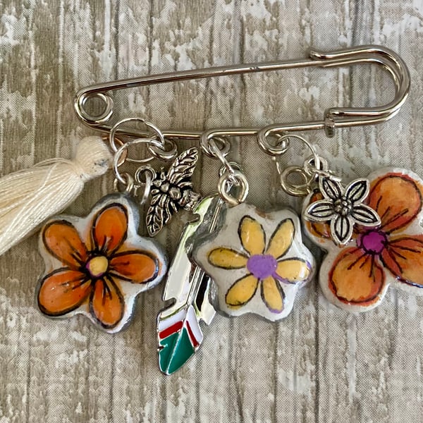 Orange Tones Boho Floral Clay Charm Kilt Pin Brooch