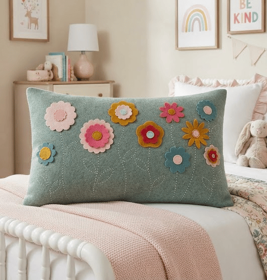 Felt Flower Garden Pillow, Decorative Floral Cushion, Whimsical Nursery Decor