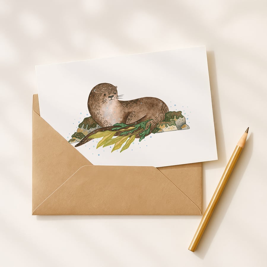 Eurasian Otter, A6 giclée greetings card with recycled brown envelope