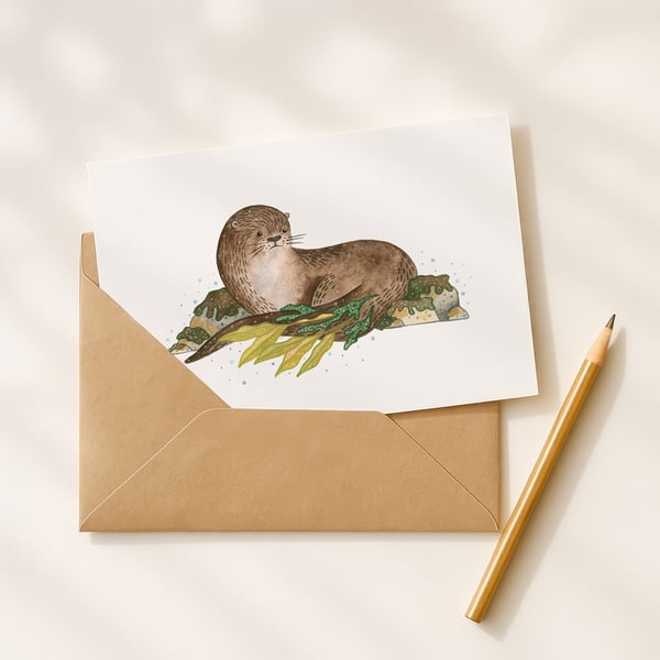 Eurasian Otter, A6 giclée greetings card with recycled brown envelope