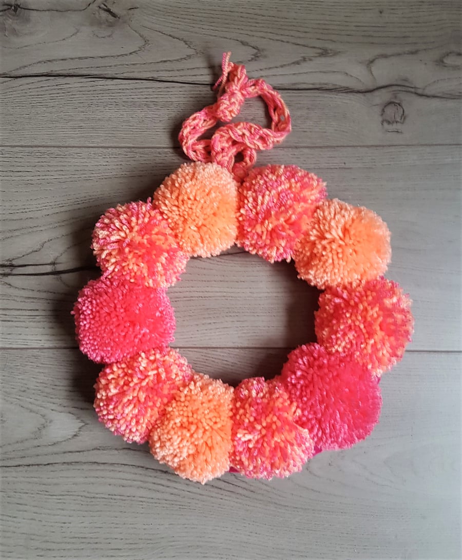 Coral and Pink Pom Pom Wreath 30cms